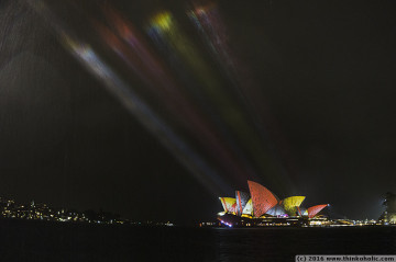 sydney opera house illuminated in the koori (aboriginal) colours